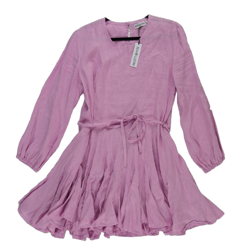 New Sea Lustre 100% Linen Dress Women's Size M/L Medium Large Pink Ruffle Tie